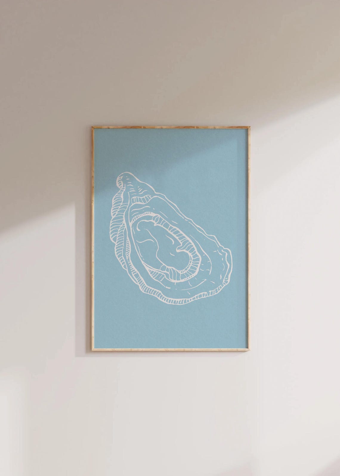 Blue Oyster Shell Minimal White Line Art Coastal Decor Poster