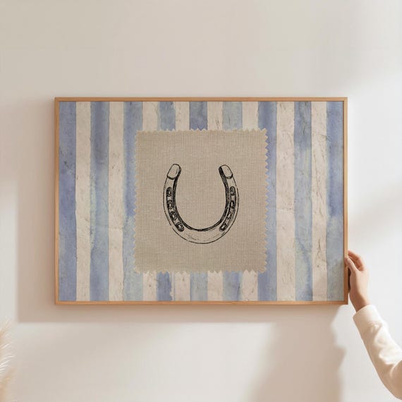 Rustic Horseshoe Wall Art Vintage Gingham Print Denim Patch Lucky Horizontal Western Decor