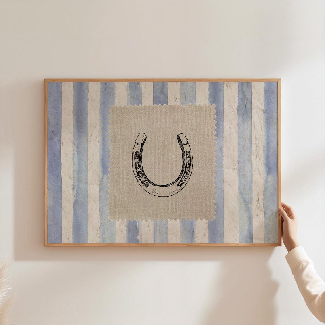 Horseshoe Line Drawing Linen Patch Blue Striped Lucky Poster