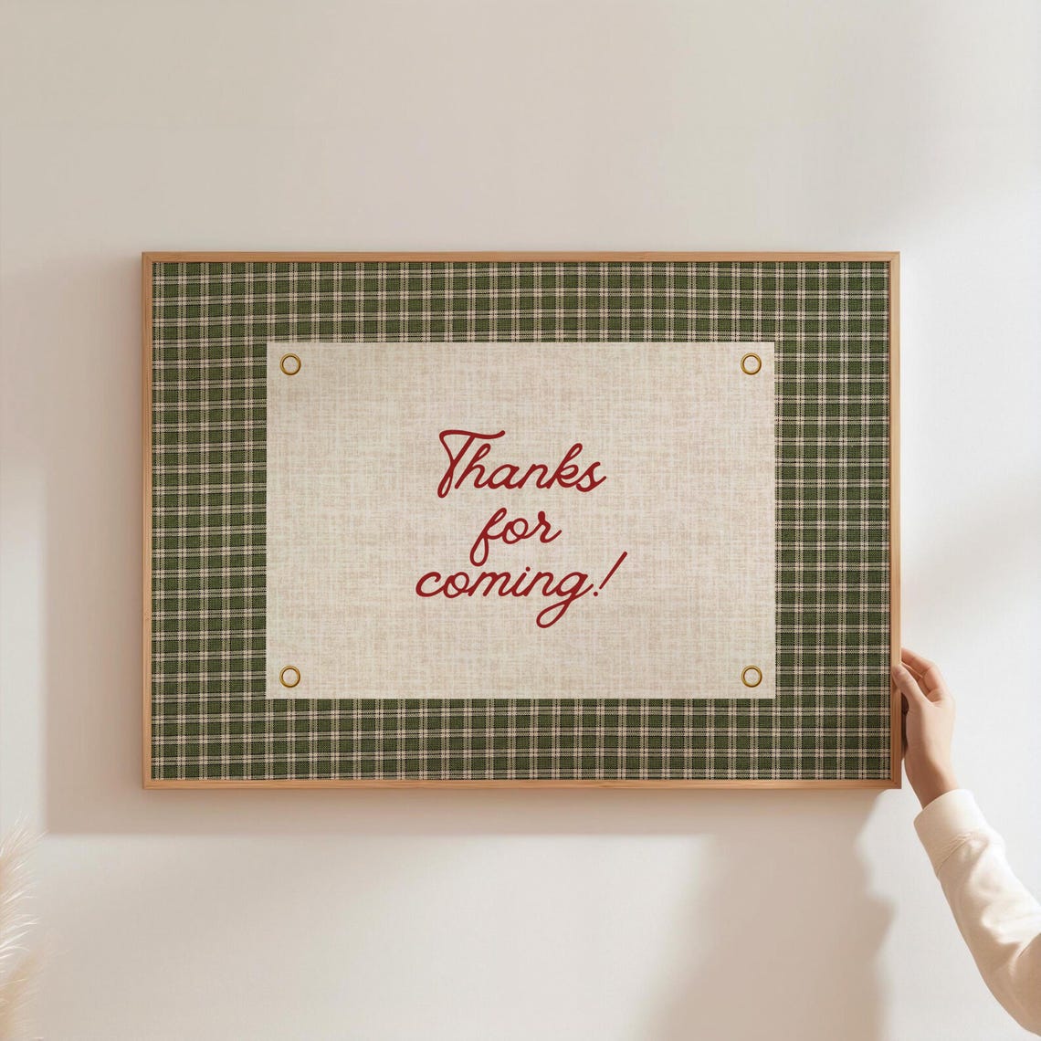 Thanks for Coming! Red Script Linen Green Plaid Welcome Poster