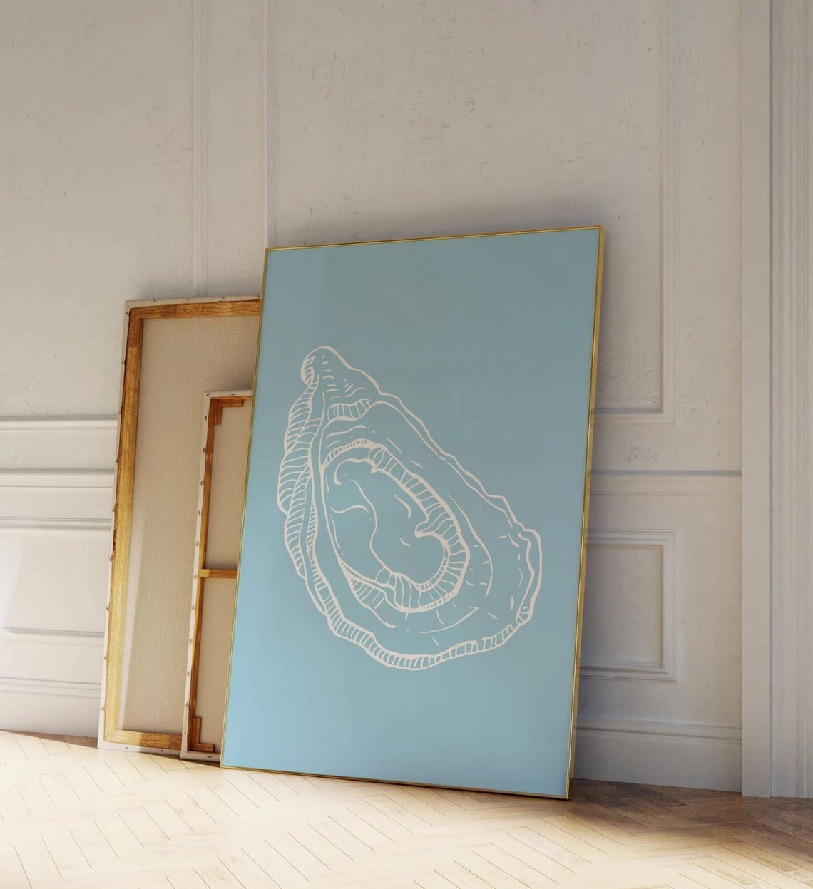 Blue Oyster Shell Minimal White Line Art Coastal Decor Poster - Image 2