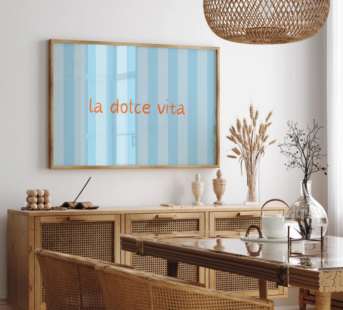 La Dolce Vita Orange Script on Blue Stripes Italian Wall Art - Image 4