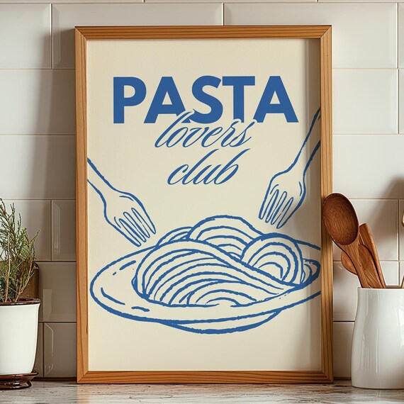 Pasta Lovers Club Blue Spaghetti Line Art Kitchen Wall Poster