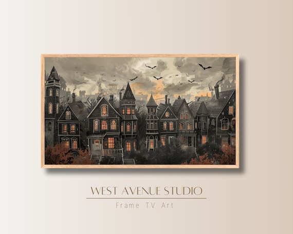 Haunted Village Dusk Bats Over Old Houses Glowing Windows Halloween Poster