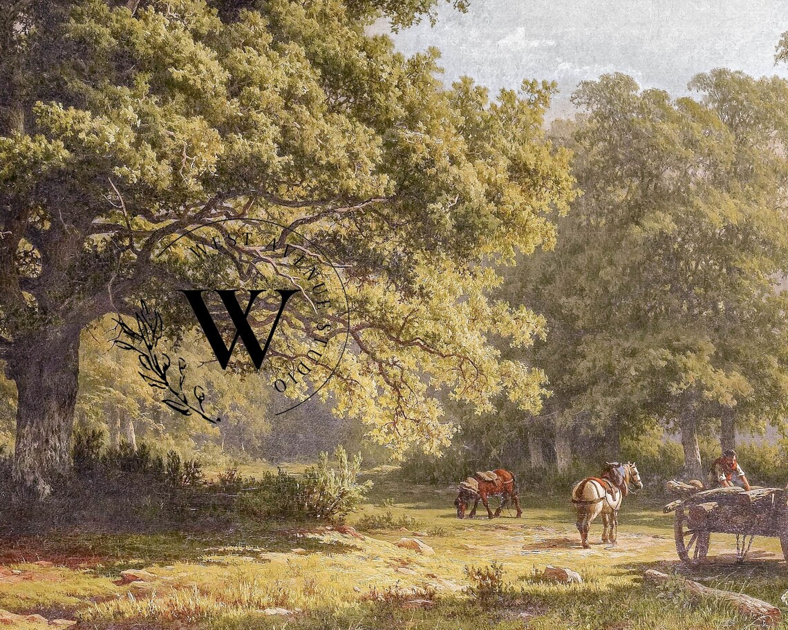 Majestic Oak Forest Woodland Path Horse Cart Vintage Landscape Poster - Image 3