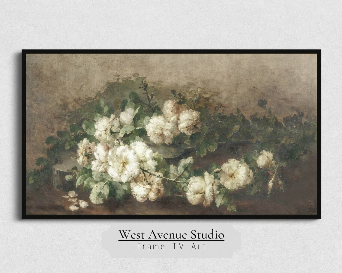 Vintage White Roses Dark Background Antique Botanical Painting Poster - Image 5