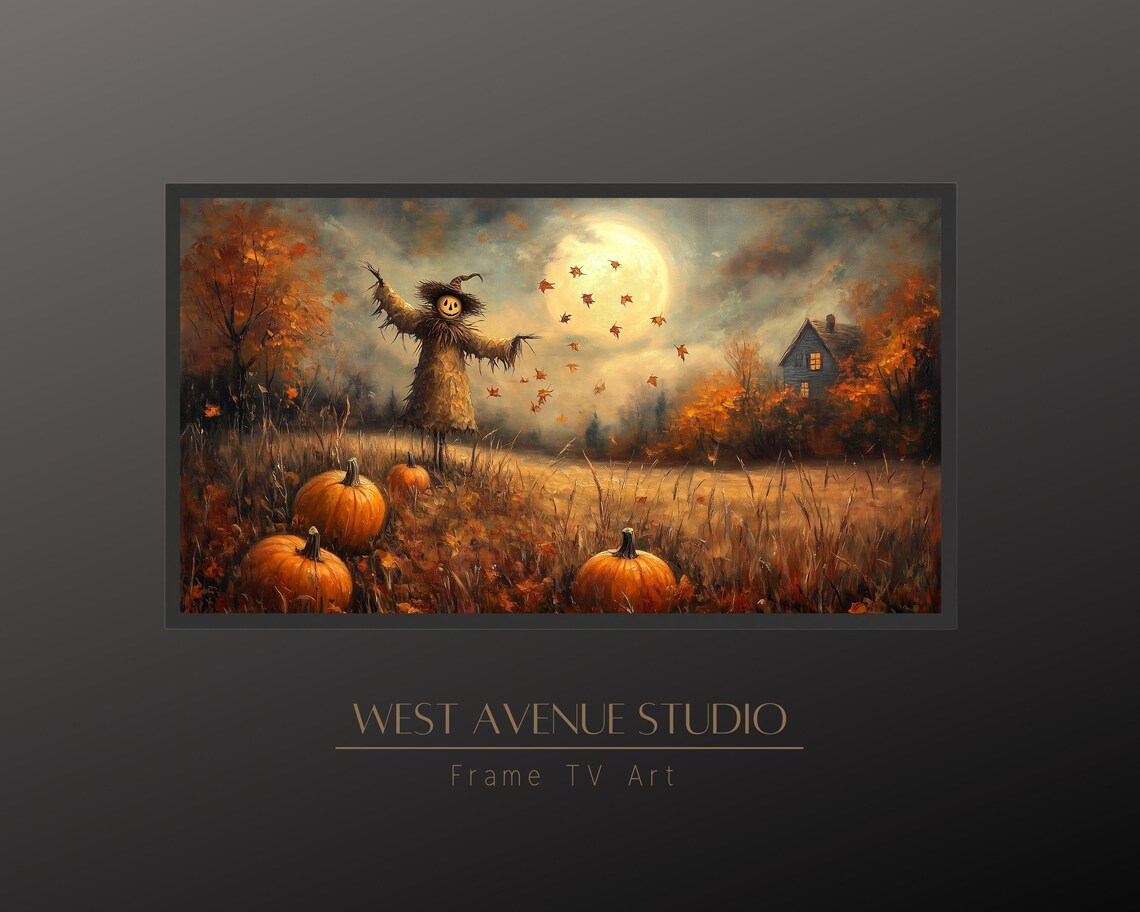 Scarecrow Under Full Moon Pumpkin Patch Autumn Harvest Halloween Poster - Image 2