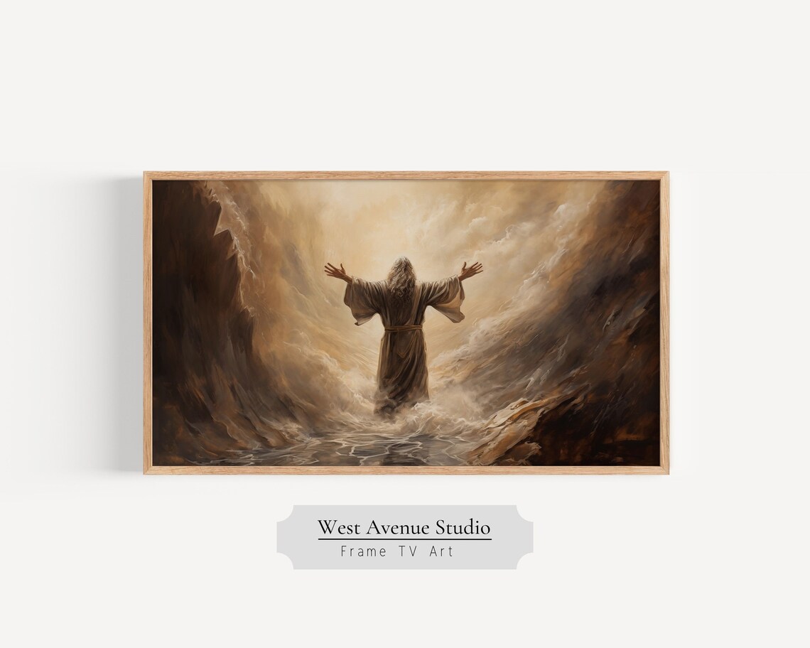 Moses Parting The Sea Golden Waves Arms Raised Biblical Christian Poster