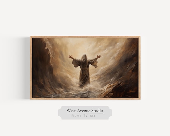 Moses Parting The Sea Golden Waves Arms Raised Biblical Christian Poster