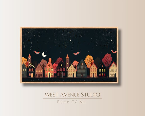 Cute Halloween Village Illustration Colorful Houses Moon Bats Night Art Poster