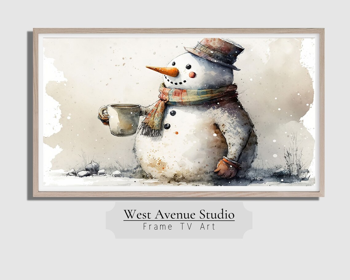 Watercolor Snowman Holding Hot Cocoa Top Hat Scarf Cozy Winter Poster - Image 5