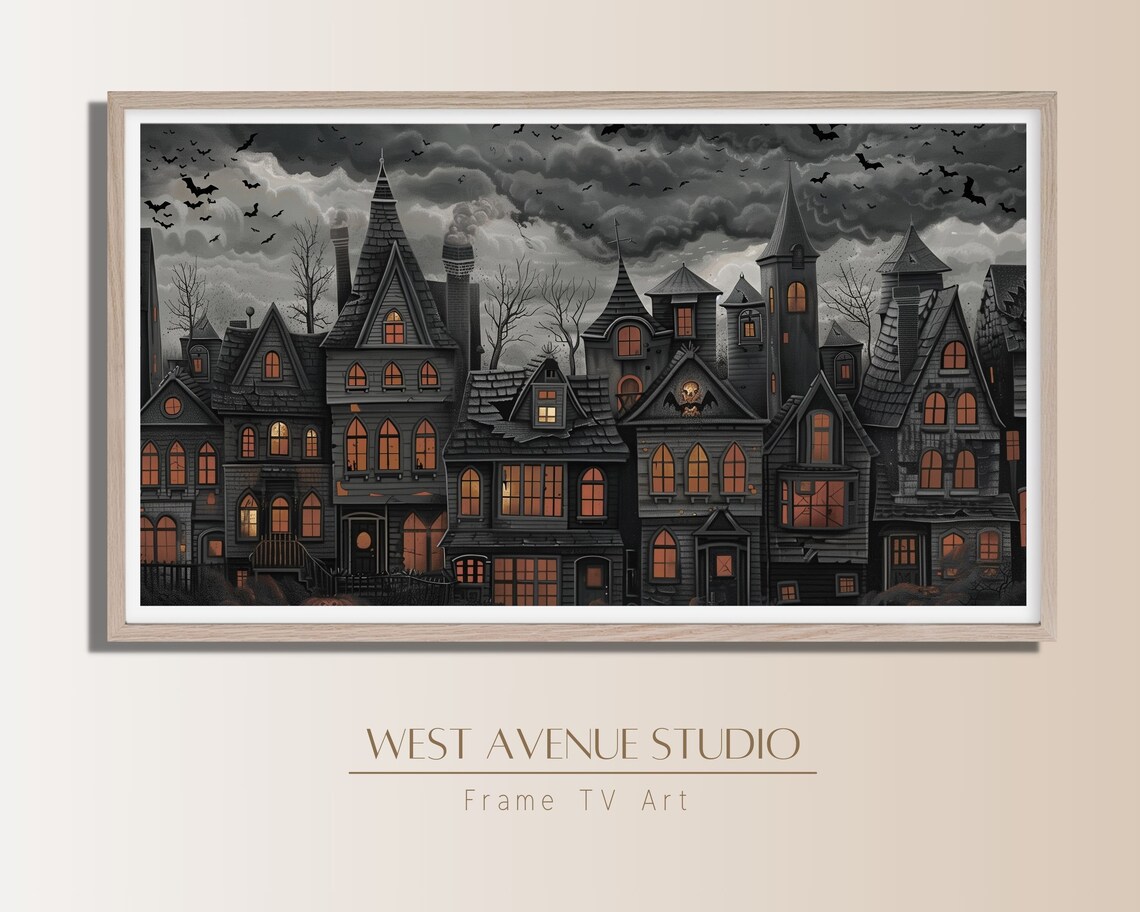 Gothic Halloween Village Stormy Gray Sky Glowing Windows Bats Night Poster - Image 2