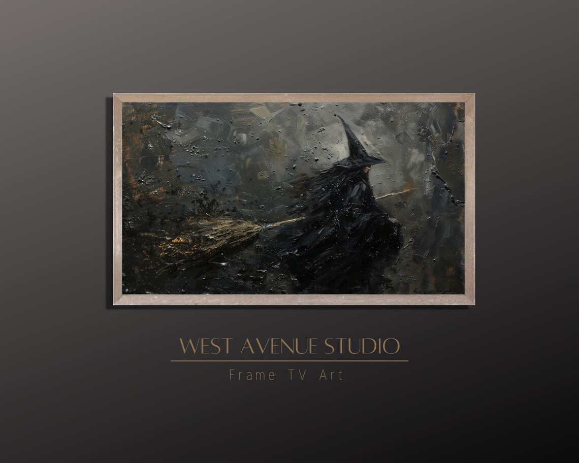 Witch Flying On Broomstick Over Dark Sea Moody Halloween Night Art Poster