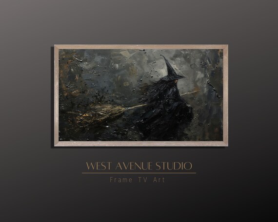 Witch Flying On Broomstick Over Dark Sea Moody Halloween Night Art Poster