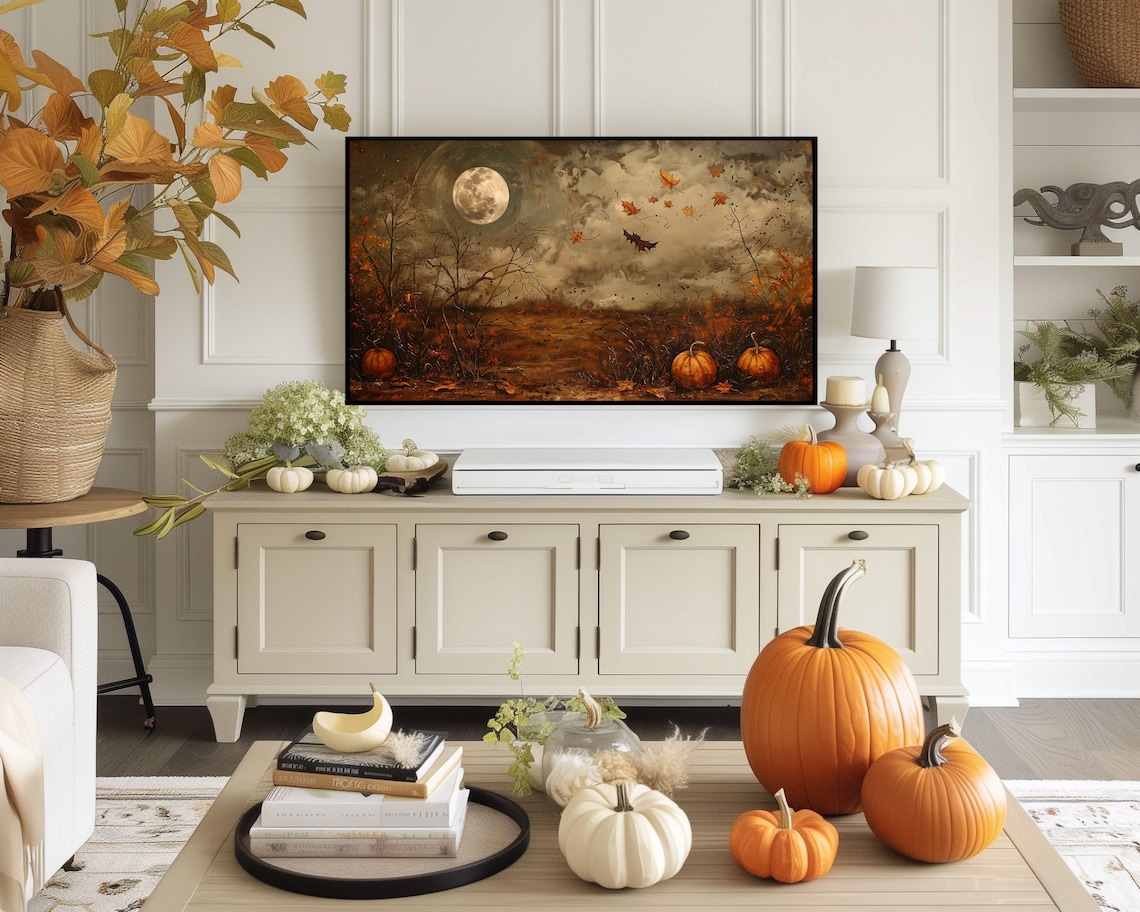 Fall Harvest Full Moon Pumpkins Bare Trees Moody Autumn Night Art Poster - Image 4