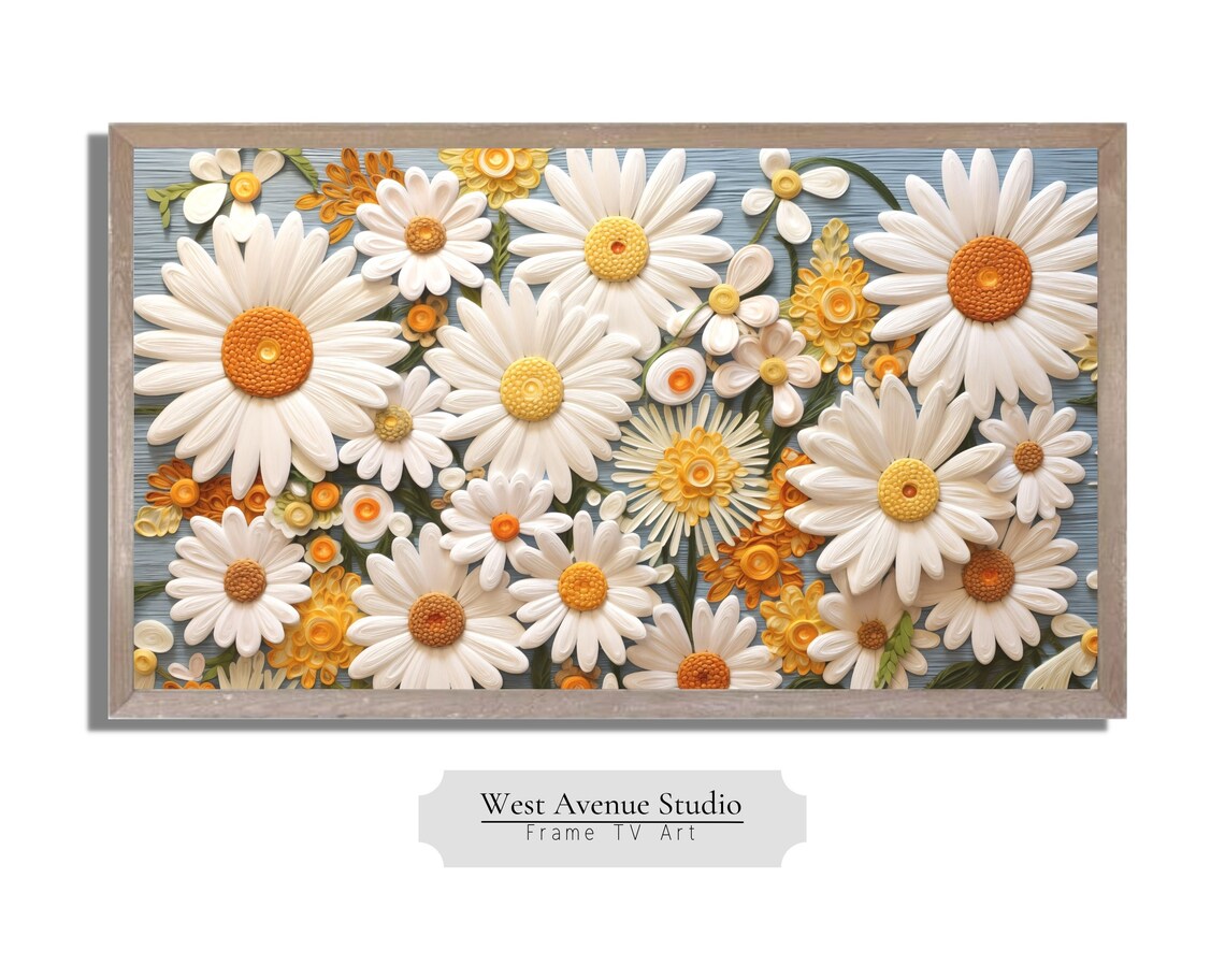 White Daisy Flowers Orange Centers 3D Embroidery Texture Summer Art Poster - Image 3
