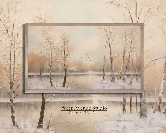 Winter Birch Trees Snowy Lake Birds Neutral Beige Landscape Painting Poster