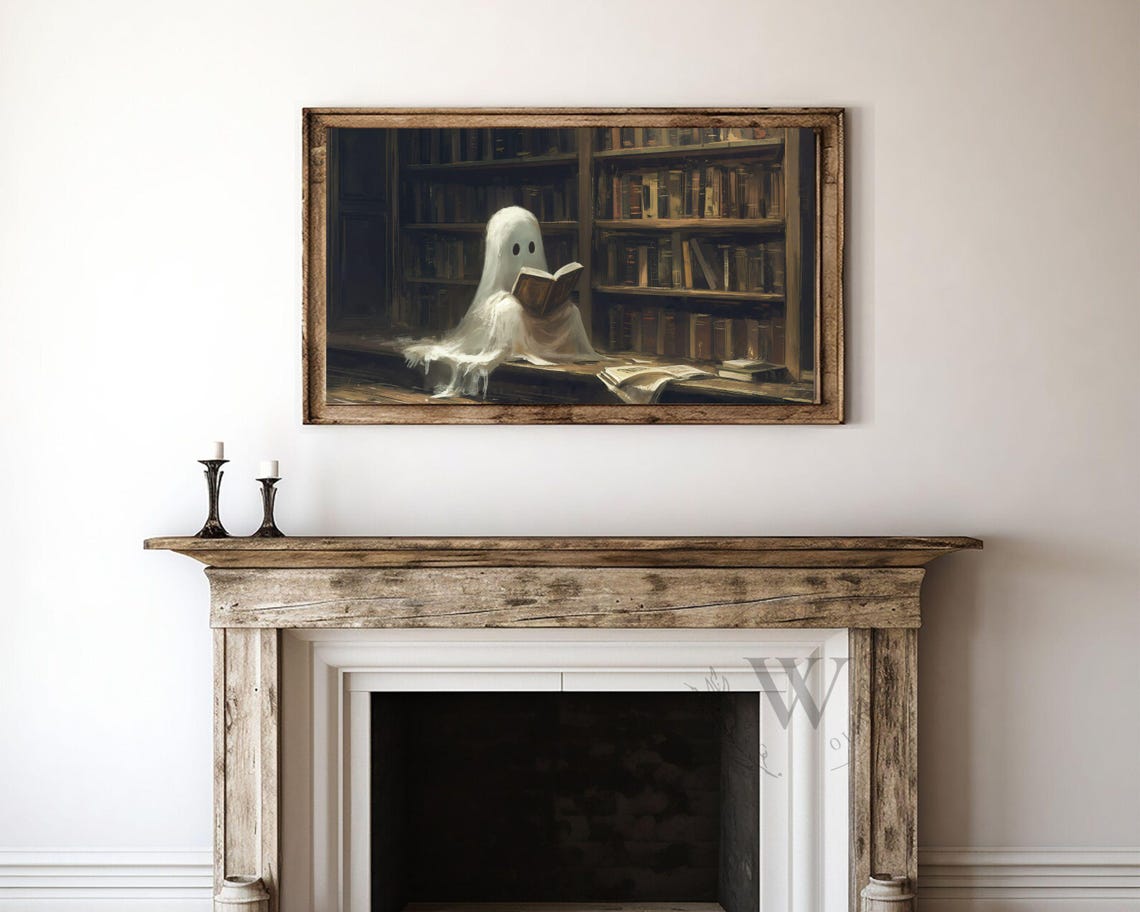 Cute Ghost Reading Book In Library Cozy Halloween Haunted Art Poster - Image 3