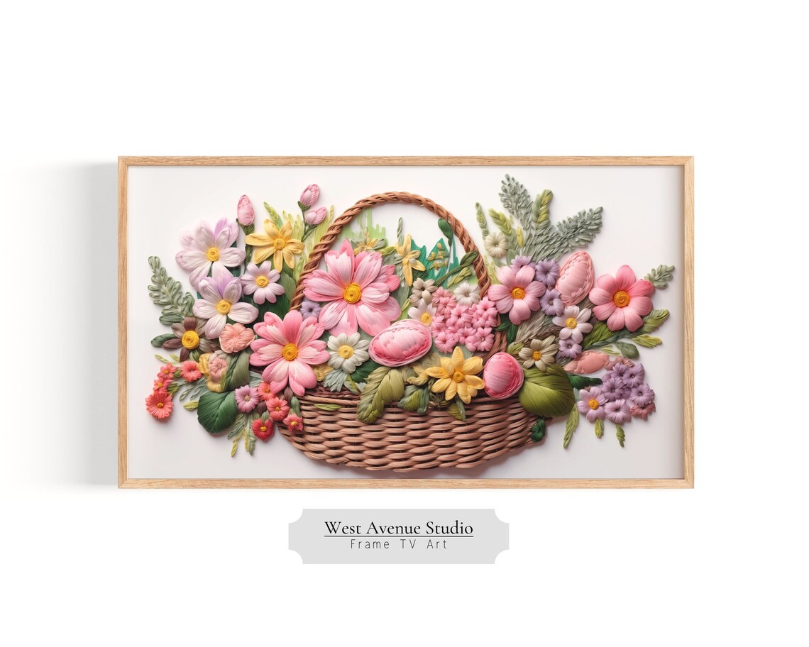 Embroidered Spring Flower Basket Wicker Pastel Botanical Wall Art Poster