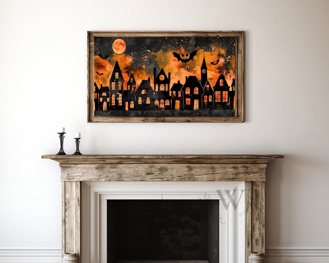 Halloween Town Silhouette Fiery Orange Sky Full Moon Bats Night Art Poster - Image 3
