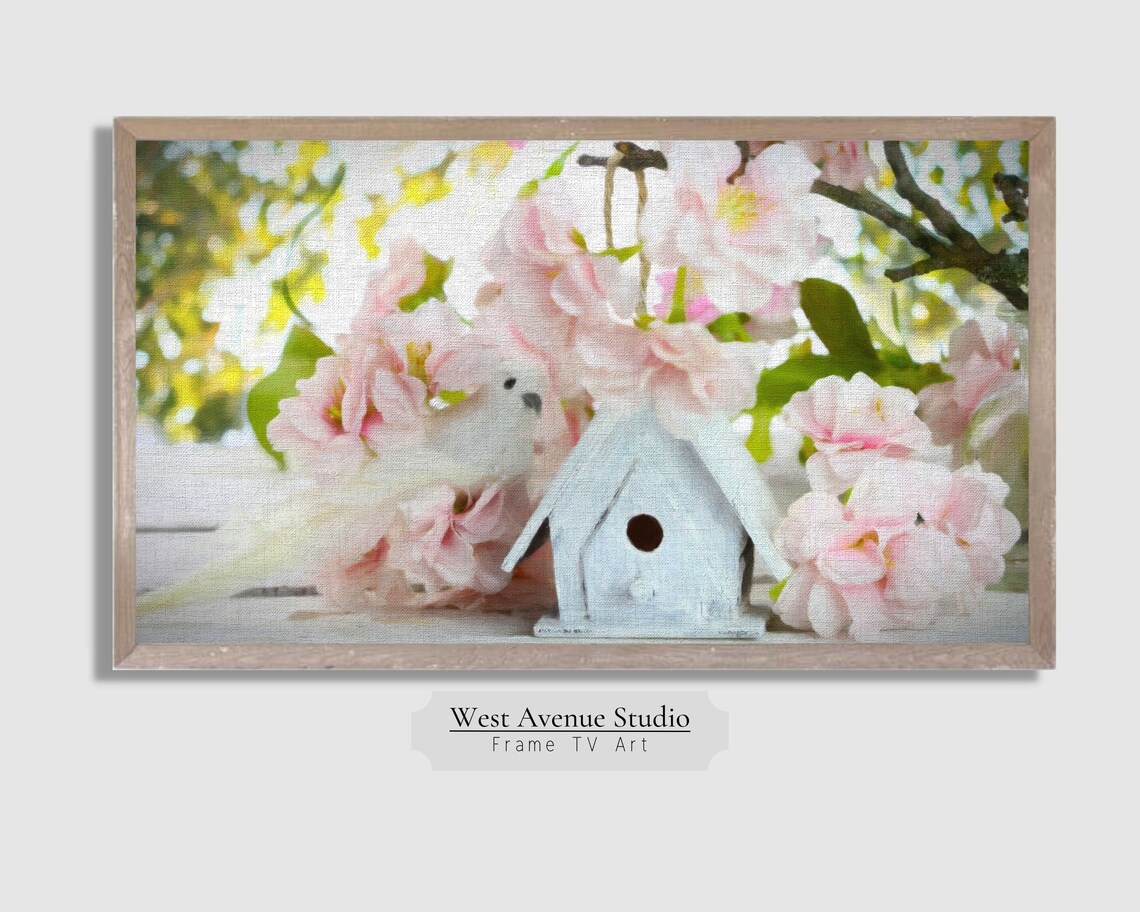 White Birdhouse Pink Spring Blossoms Garden Cottage Floral Art Poster