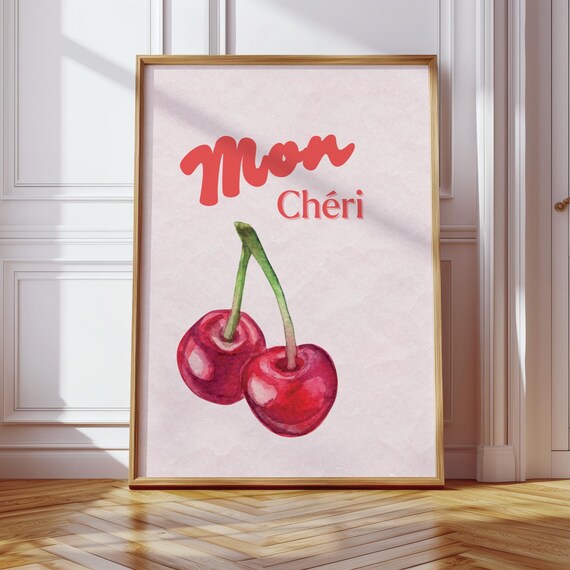 Mon Cheri Wall Art Print French Cherry Illustration Romantic Kitchen Or Bedroom Decor Cute Fruit Poster Gift For Her