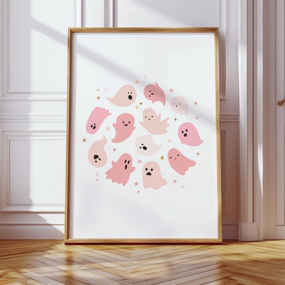 Pastel Pink Ghosts Art Print Halloween Illustration Spooky Wall Cute Poster Fall Decor Kids Room