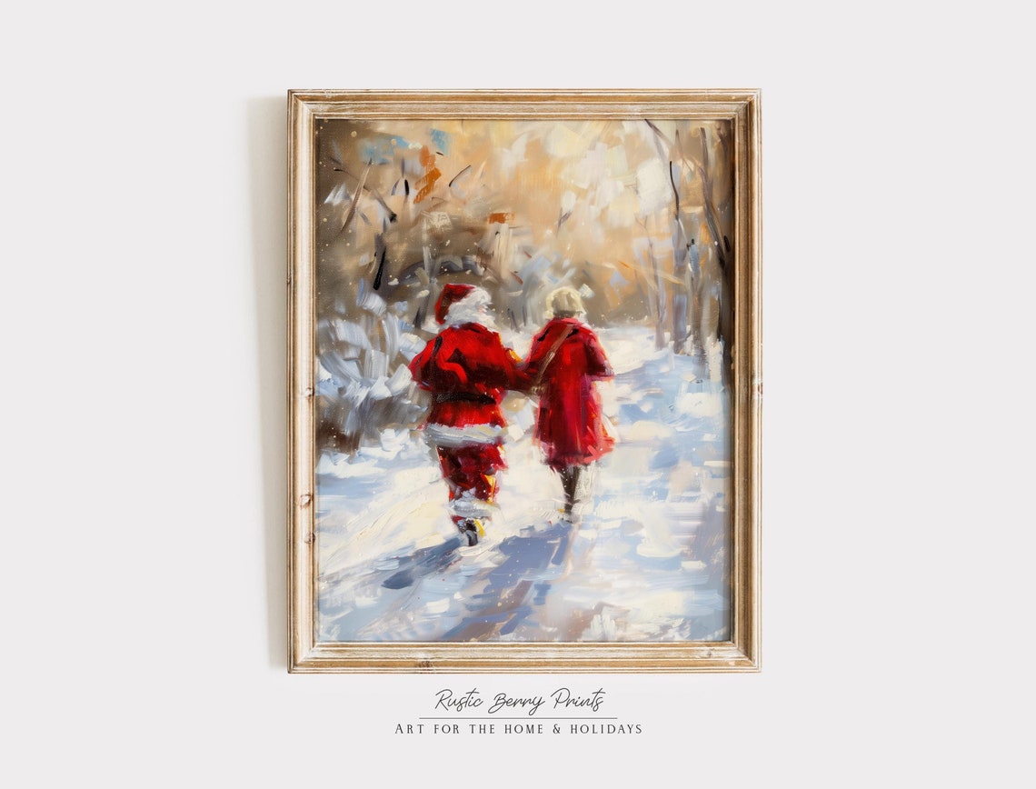 Santa Mrs Claus Walking Away Snowy Path Impressionist Christmas Poster
