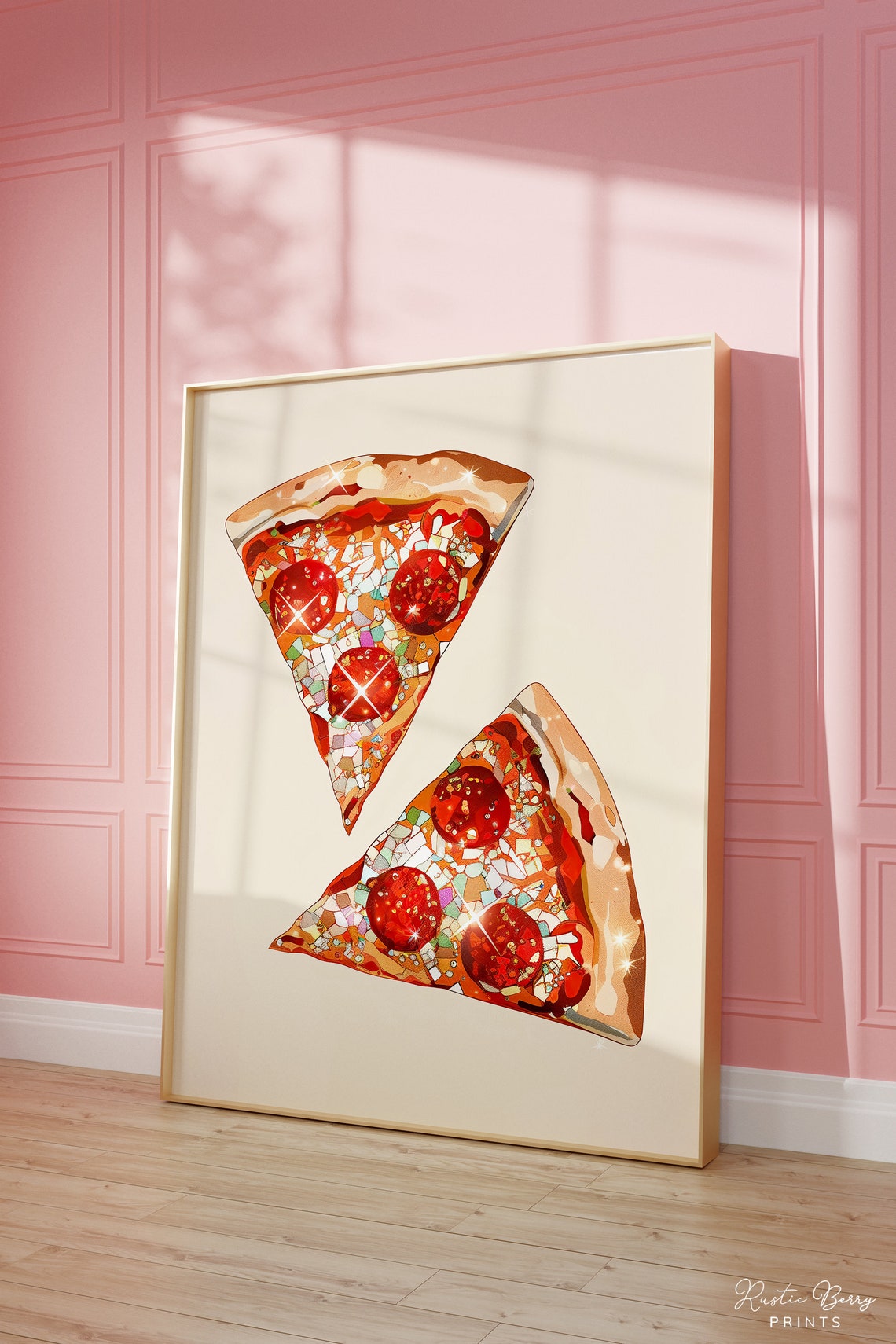 Sparkly Pepperoni Pizza Slices Glam Maximalist Kitchen Wall Art Poster