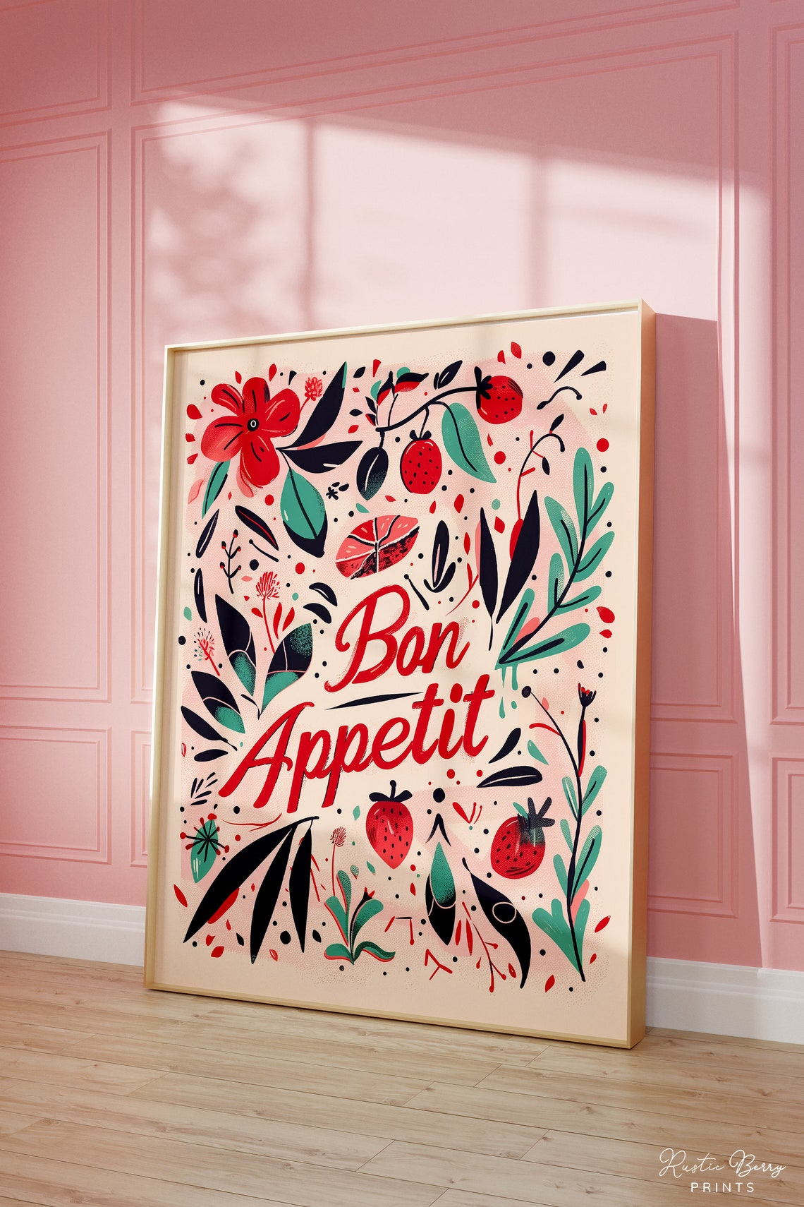 Bon Appetit Red Script Botanical Floral Retro Kitchen Decor Poster
