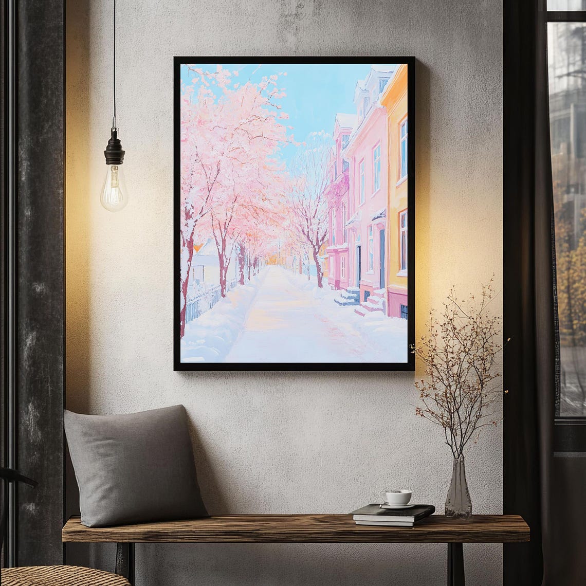 Winter Street Art Pastel Cityscape With Snowy Pink Tree Serene Winter Wonderland Decor City Winter Scene Winter Wall Decor - Image 4