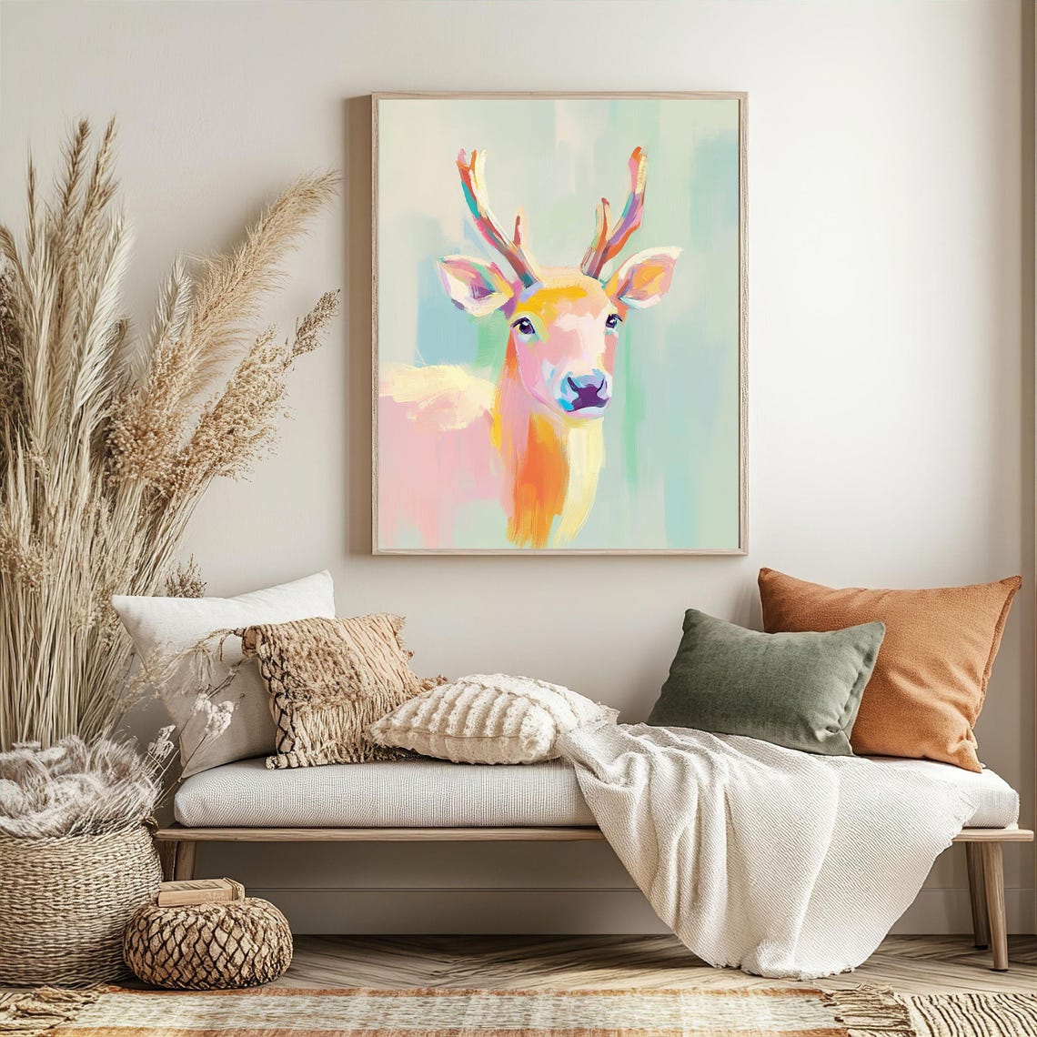 Colorful Rainbow Antler Deer Portrait Whimsical Animal Art Poster - Image 3