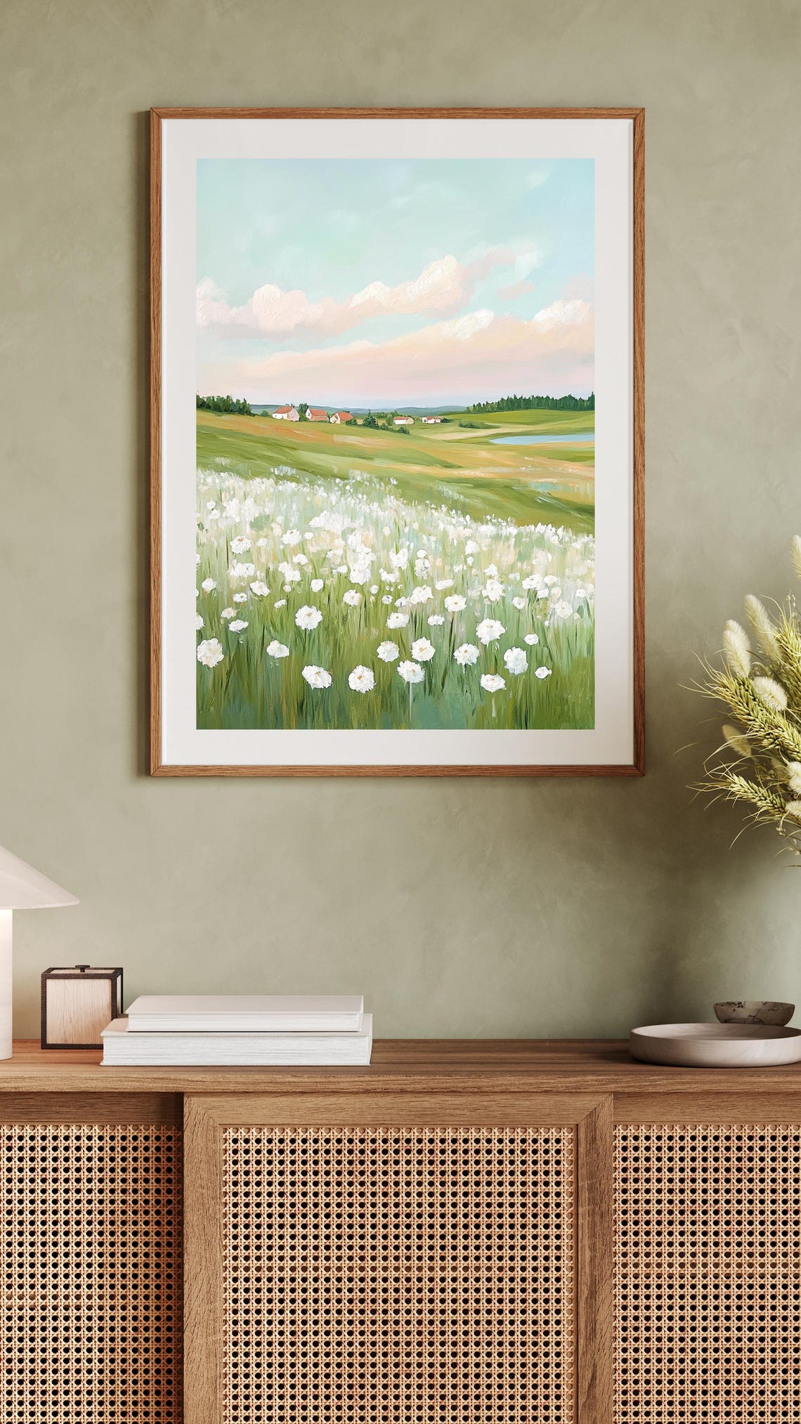 White Wildflower Meadow Rolling Country Farm Landscape Art Poster - Image 3