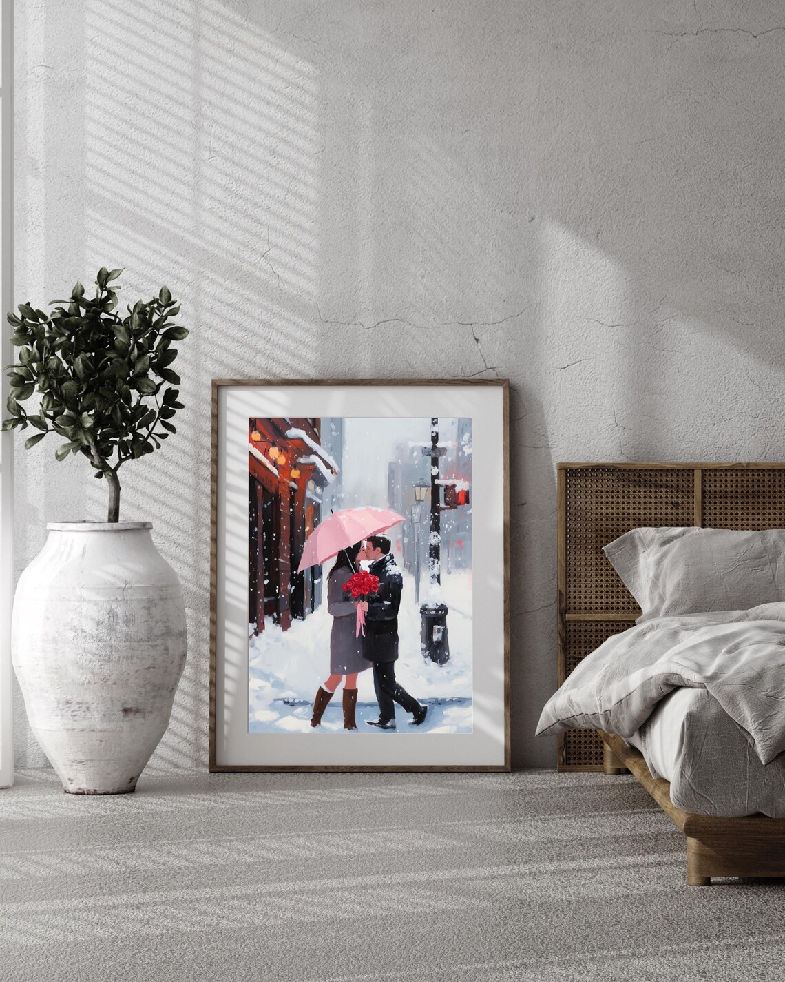 Romantic Winter Couple Kissing In Snow, Art Print - Image 3