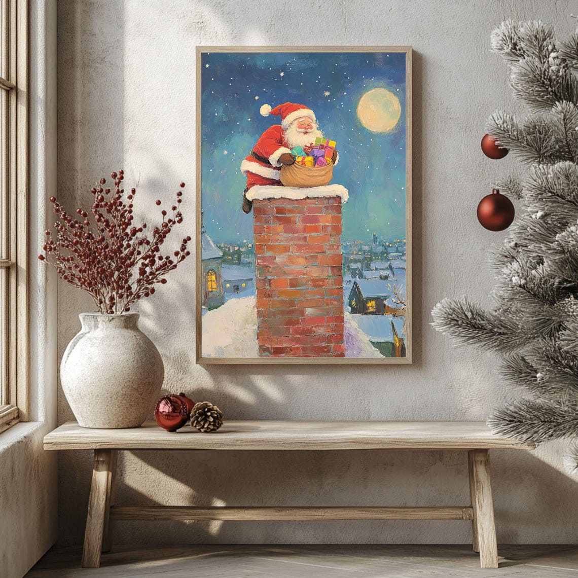 Santa Claus Sitting On Chimney Under Moonlight Night Art Poster - Image 2