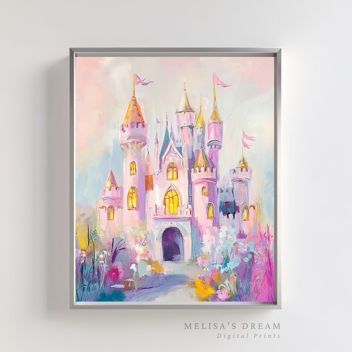 Pink Fairytale Princess Castle Watercolor Nursery Girls Room Art Poster