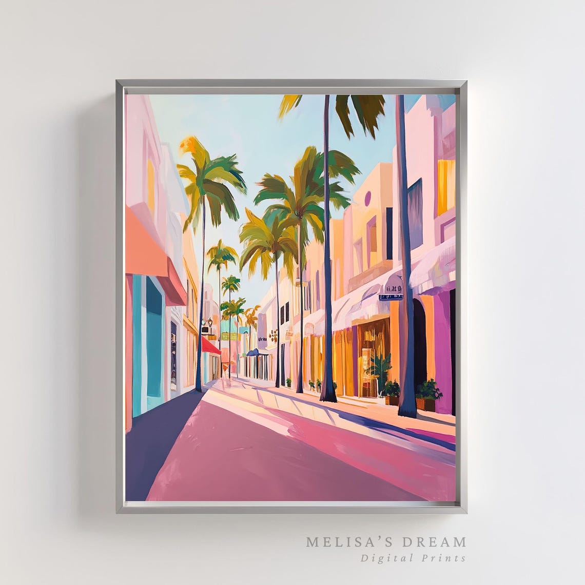 Miami Inspired Sunny Palm Tree Shopping Street Pastel Painting Poster