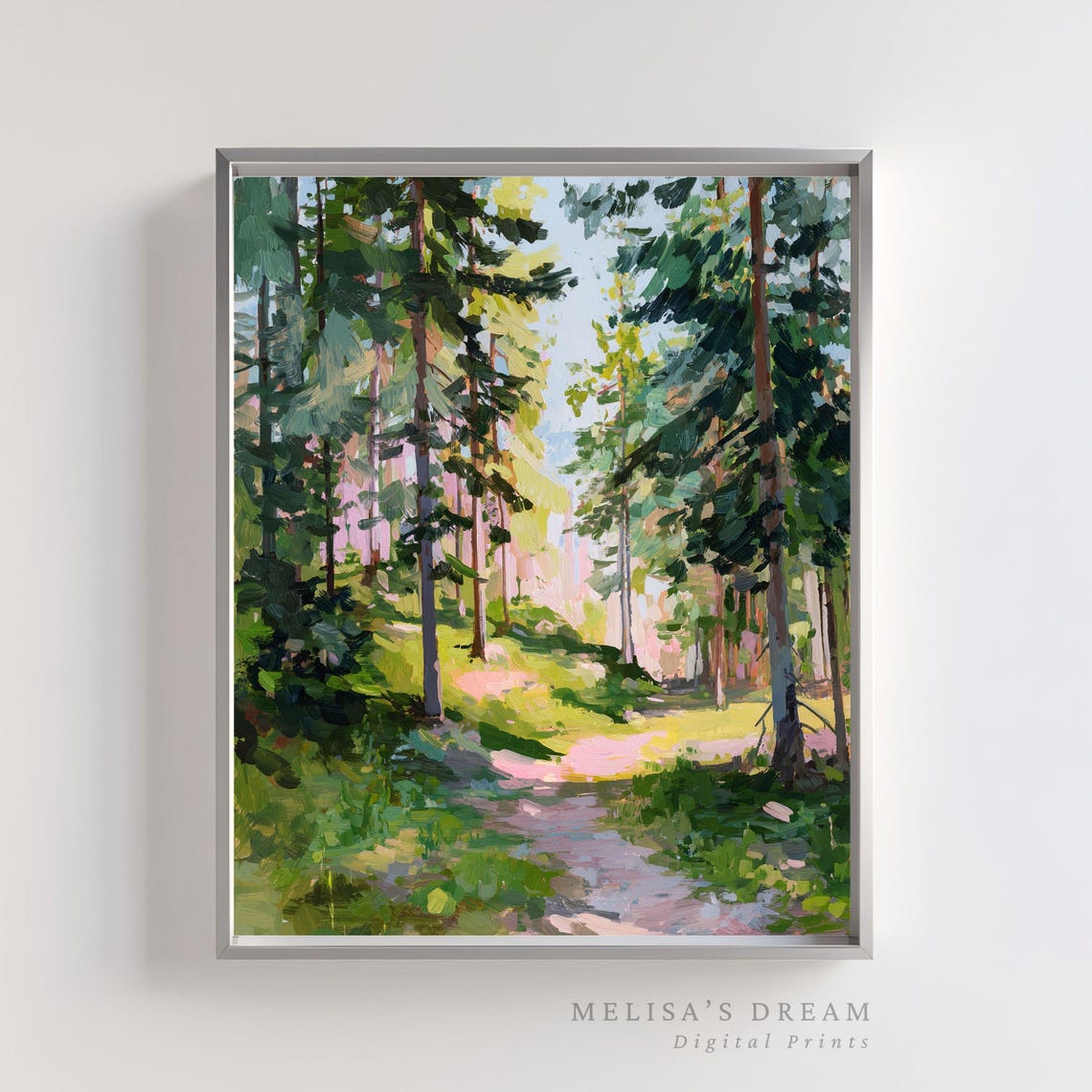Sunlit Pine Forest Path Green Woods Impressionist Painting Poster