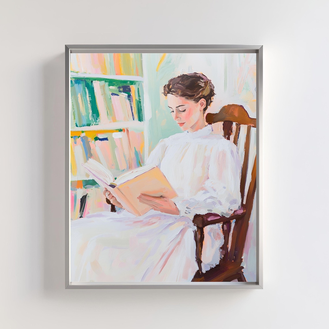 Elegant Woman Reading Book In Vintage Library Portrait Art Poster