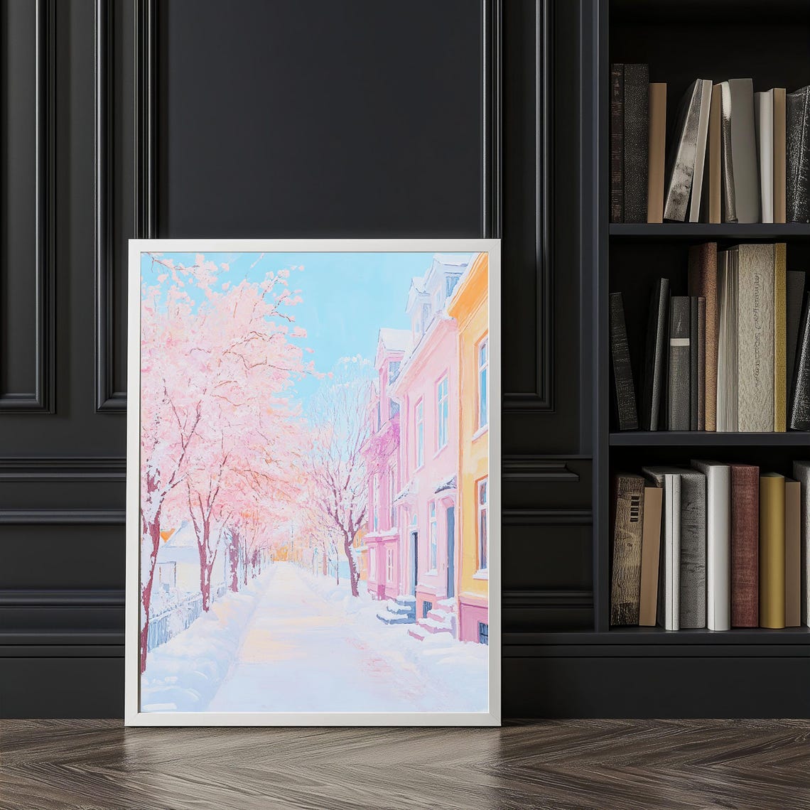 Winter Street Art Pastel Cityscape With Snowy Pink Tree Serene Winter Wonderland Decor City Winter Scene Winter Wall Decor - Image 5