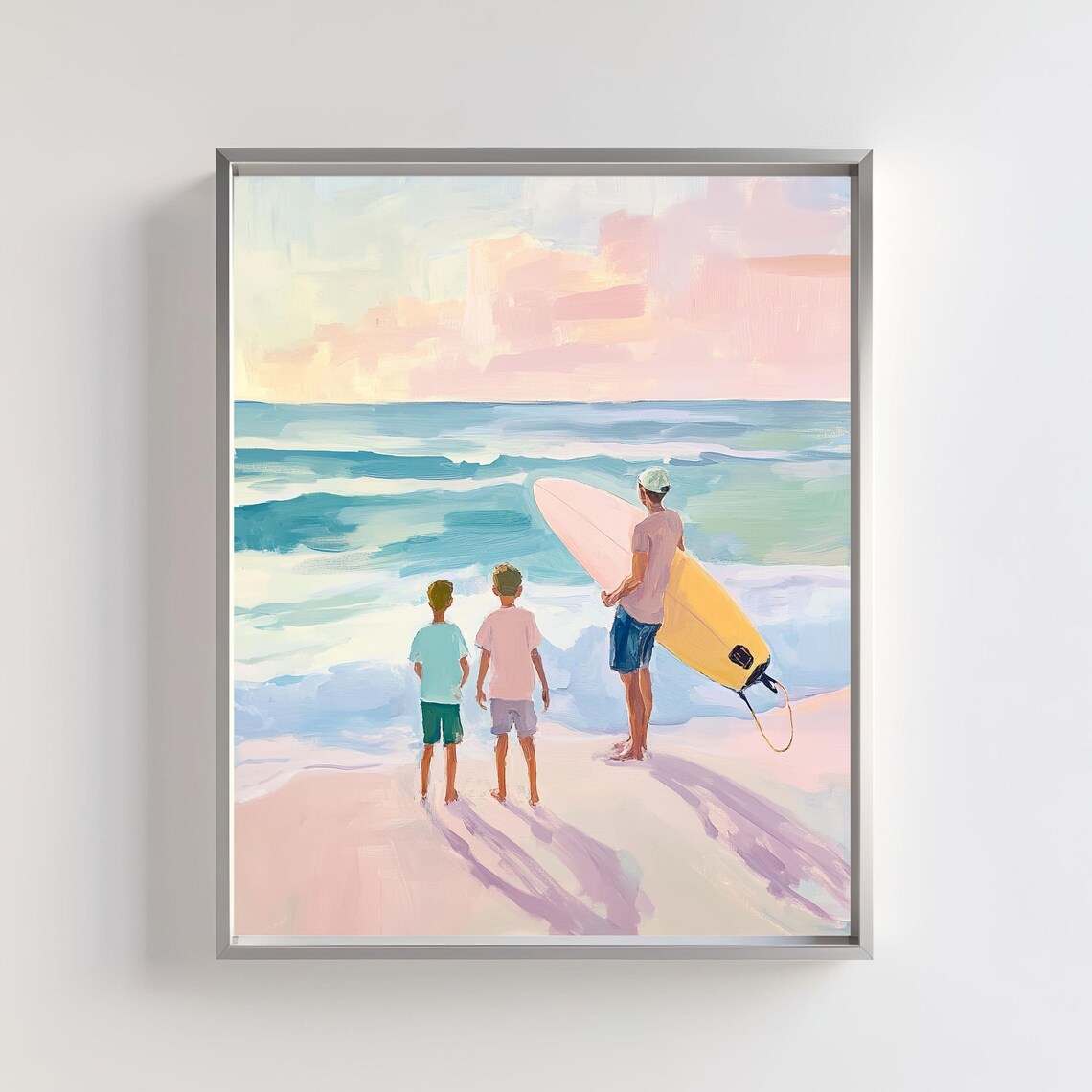 Father and Sons Surfing Pastel Beach Painting Family Ocean Wall Art