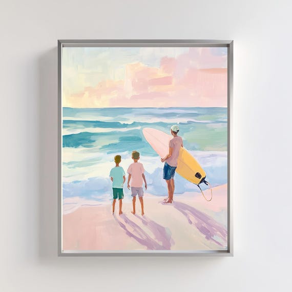 Father And Sons Surfing Print Pastel Beach Scene
