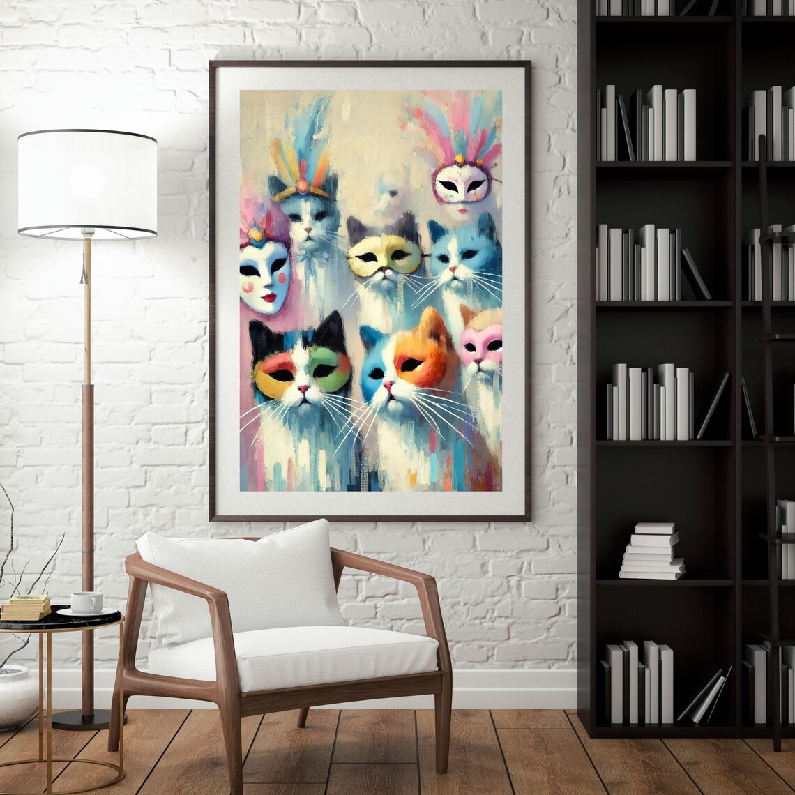 Whimsical Masked Cats Art Print, Cat Lover Gift - Image 4