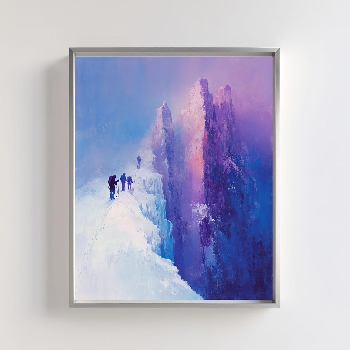 Mountain Hiking And Climbing Print Winter Adventure Scene Extreme Sports Decor Snowy Landscape Wall Art Snowy Cliff Abstract Artwork