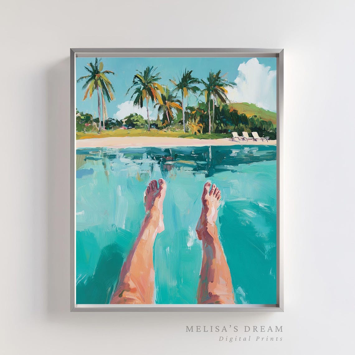 Poolside Feet Dangling Over Palm Trees Tropical Vacation Poster