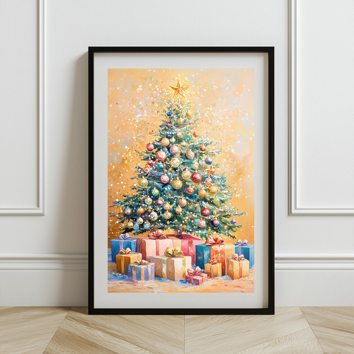 Golden Christmas Tree With Star And Gifts Ornaments Art Poster - Image 2