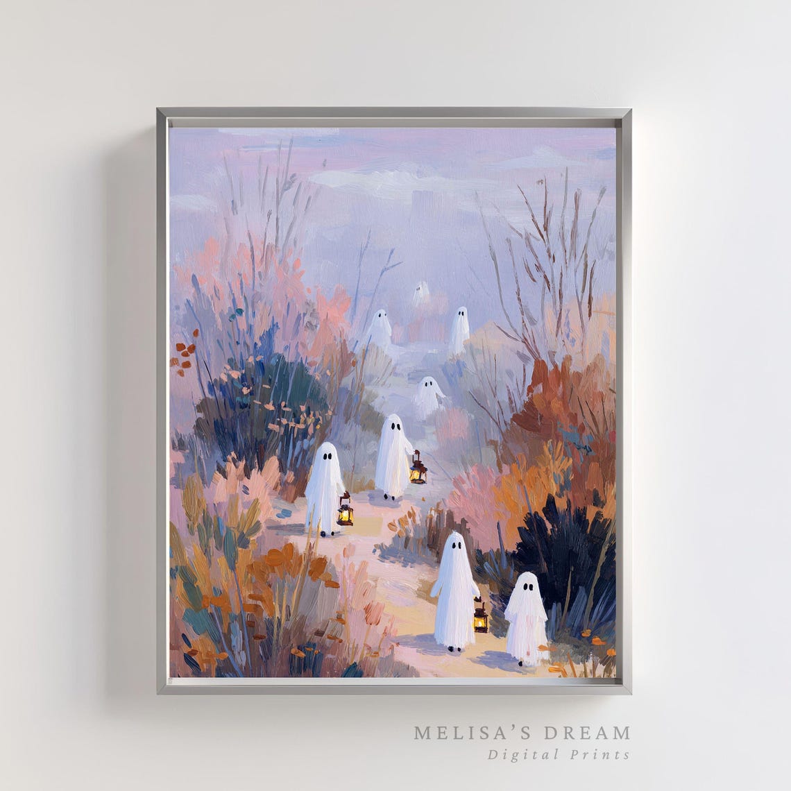 Wall Art Spooky Cute Ghosts With Lanterns Autumn Pastel Haunted Forest Home Decor Halloween