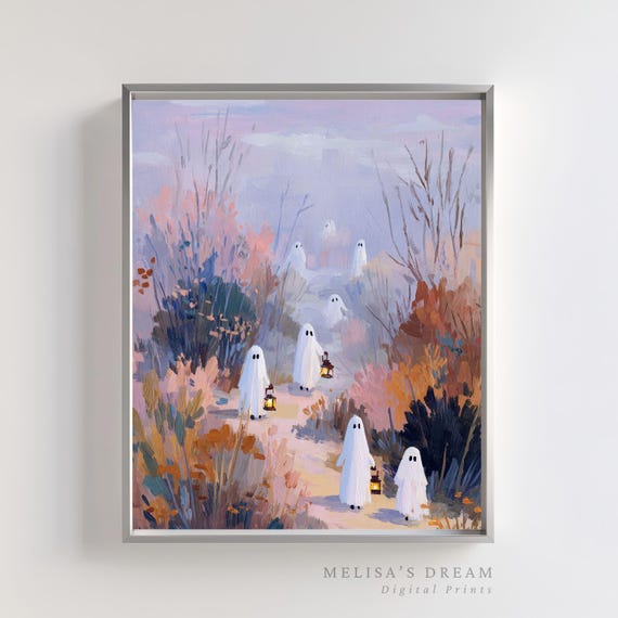 Wall Art Spooky Cute Ghosts With Lanterns Autumn Pastel Haunted Forest Home Decor Halloween