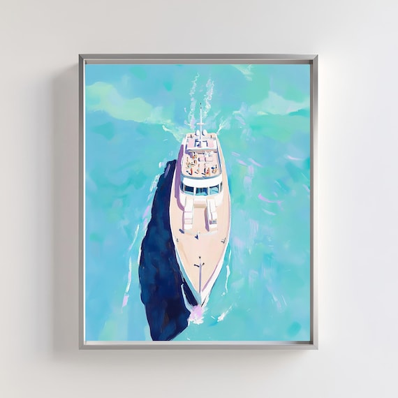 Luxury Yacht Wall Art Aerial Yacht Painting Turquoise Ocean Print Nautical Wall Art Coastal Living Decor Boat Artful Poster Print