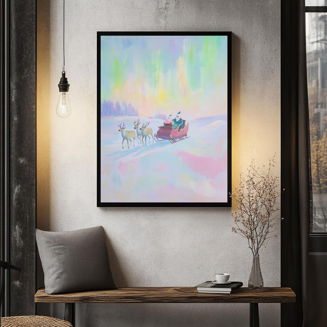 Santa Sleigh Ride With Reindeer Pastel Aurora Christmas Art Poster - Image 2